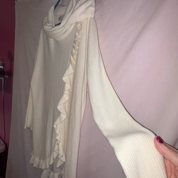 Cream Cowl Neck Sweater with Asymmetrical Ruffle - Picture 5 of 13